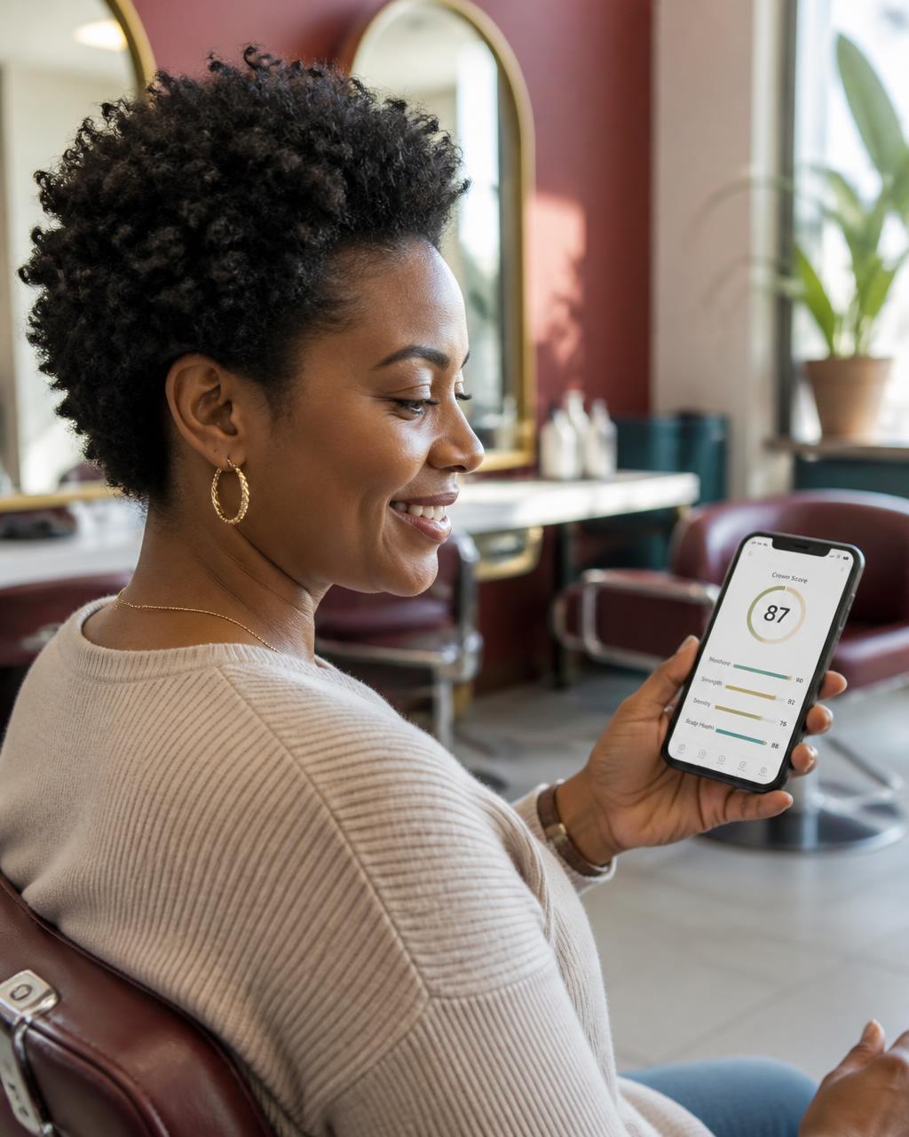 A woman checking her personal My Crown AI hair plan on her phone