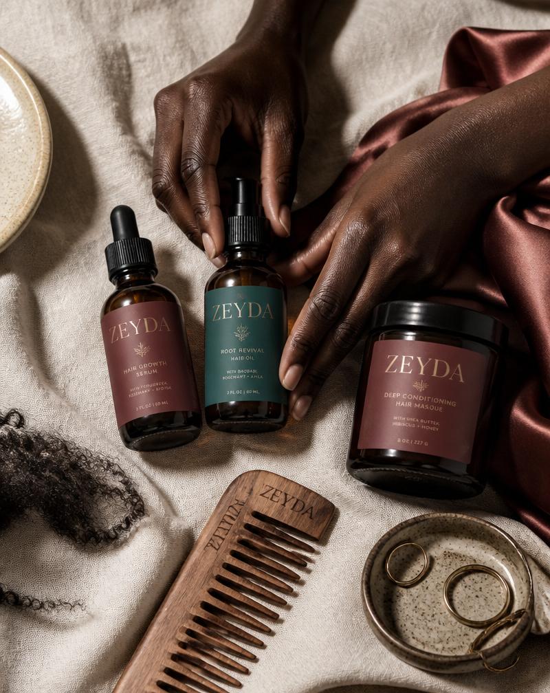 Curated fine-natural-hair products flat-lay