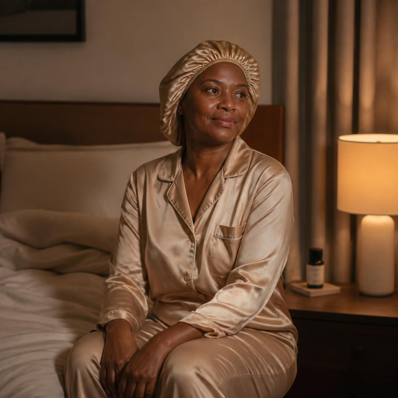 Satin bonnet at night — low-tension protection
