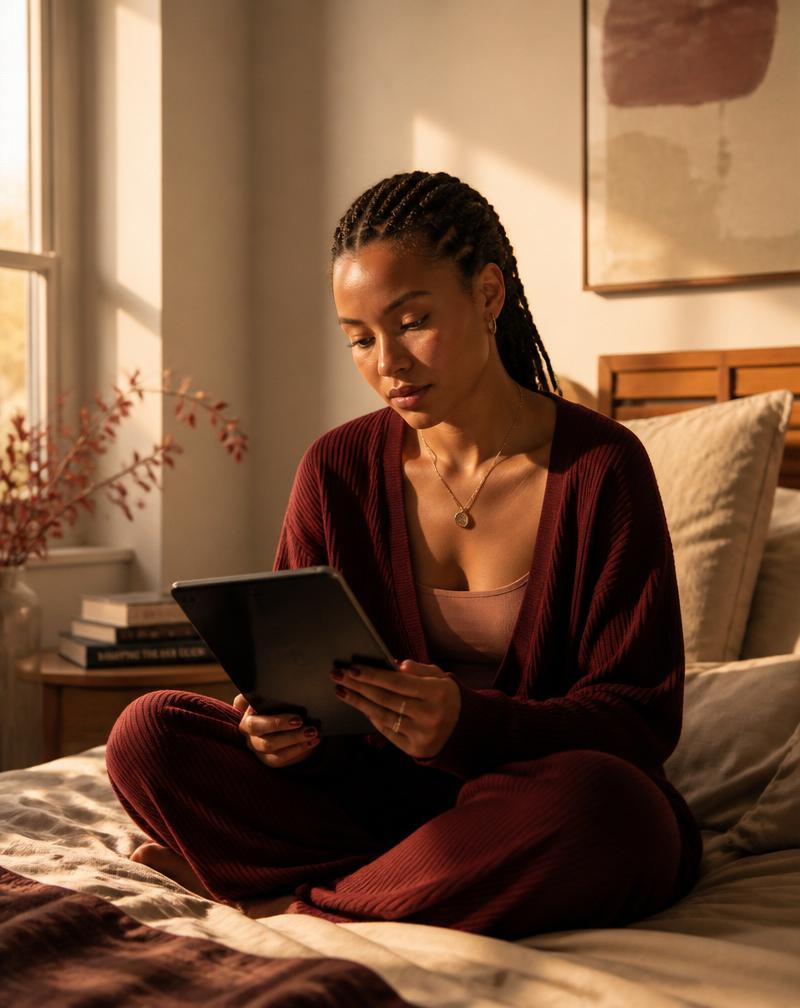 Woman studying a fine-natural-hair lesson on a tablet