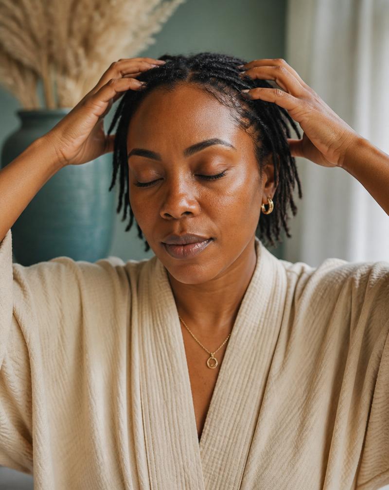 Woman doing a gentle scalp massage in soft light