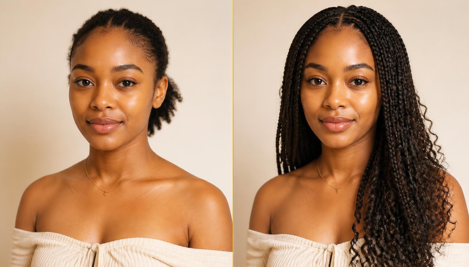 Before and after: a woman's natural hair on the left and her virtual try-on with boho knotless braids on the right