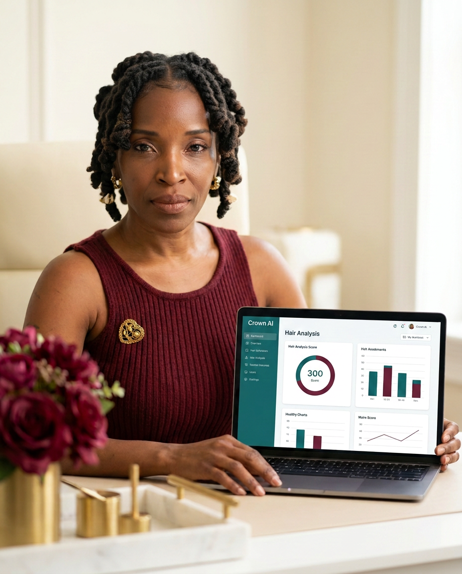 Valerie Duplan presenting the My Crown AI hair analysis dashboard